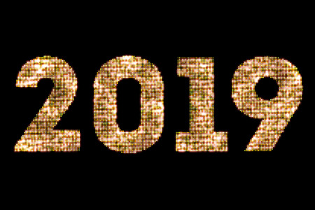 vintage yellow gold sparkly glitter lights and glowing effect simulating leds happy new year 2019 word text on black background with alpha channel, concept of golden holiday eventの写真素材