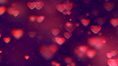 abstract christmas gradient red and purple gradient background with bokeh glitter and red hearts shape flowing, valentine day love relationship holiday event festive conceptの写真素材