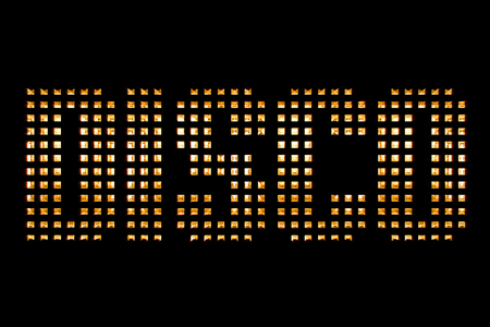 vintage yellow gold metallic disco word text with light reflex on black background, concept of golden luxury music disco pop concert entertainment eventの写真素材