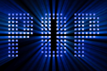 vintage blue metallic pop word text with light reflex and blue rays effect on black background,...