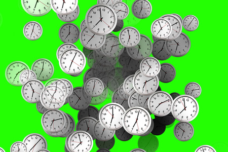 Many clocks flowing, time to wake up for breakfast, modern white metallic alarm clock on chrome key...