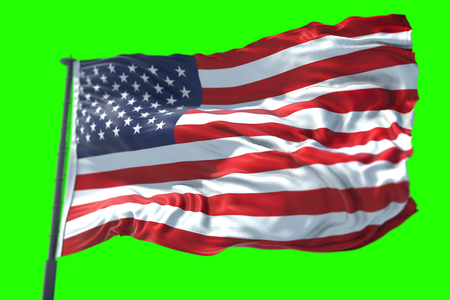 3D rendering, american USA flag with pole, stars and stripes, united states of america on chroma key green screenの写真素材