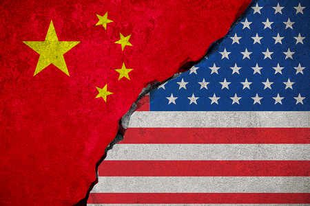 flag of the republic of china on broken brick wall and half usa united states of america flag, crisis president and china for nuclear atomic and customs duties on products tax export, import conceptの写真素材
