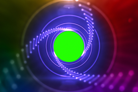 abstract laser glow lights rotating in concentric circles, rainbow psychedelic spectrum of colors, disco dancing and electronic music background, seamless loop ready with chroma key green screen in centerの写真素材
