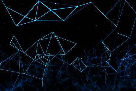 abstract blue geometrical plexus flowing movement on black background with lines and dotsの写真素材