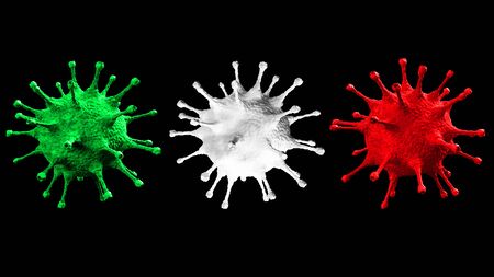 3D rendering, three coronavirus cells green,white,red italian flag covid-19 influenza flowing on background with black screen as dangerous italy nation travel for coronavirus flu strain cases as a pandemic medical health risk concept of disease cells riskの写真素材