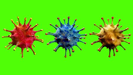 3D rendering, three coronavirus cells red,blue,yellow covid-19 influenza flowing on background with chroma key green screen as dangerous flu strain cases as a pandemic medical health risk concept of disease cells riskの写真素材