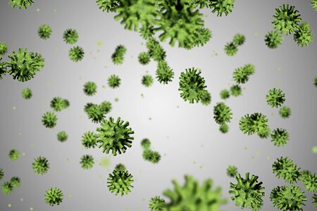 3D rendering, green coronavirus cells covid-19 influenza flowing on grey gradient background as dangerous flu strain cases as a pandemic medical health risk concept of disease cells riskの写真素材