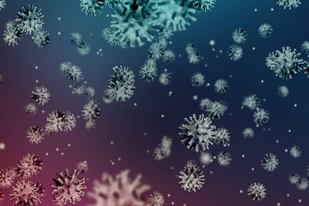 3D rendering, multi-color coronavirus cells covid-19 influenza flowing on violet and blue color...
