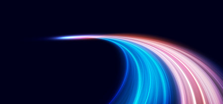 Modern abstract high-speed light effect. Technology futuristic dynamic motion on blue background with copy space. Movement pattern for banner or poster design background concept.のイラスト素材