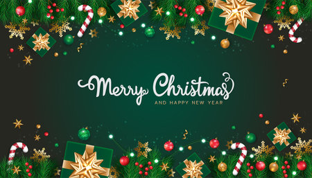 Merry Christmas and happy new year on green background. Christmas letters, Gift boxes, Christmas balls. Christmas element for web, banners, greeting card, template design. Vector EPS10.のイラスト素材
