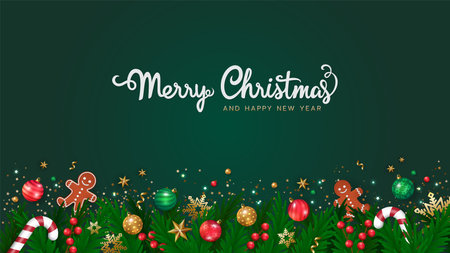 Merry Christmas and happy new year on green background with christmas decoration ornaments elements. Christmas element for web, banners, greeting card, template design. Vector EPS10.のイラスト素材