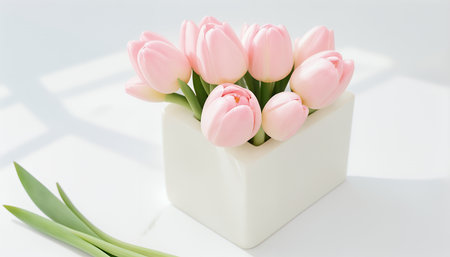 Bouquet of pink tulips in white vase on white backgroundの素材