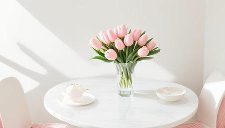 pink tulips bouquet in vase on white table in living roomの素材