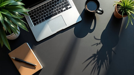 Elegant dark black office desk setup top viewの素材