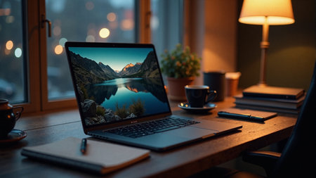 Premium dark minimalist office desk workspace with luxury accessories and laptop top viewの素材