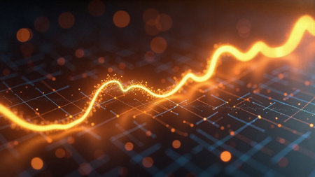Abstract financial growth trend line visualization on dark backgroundの素材