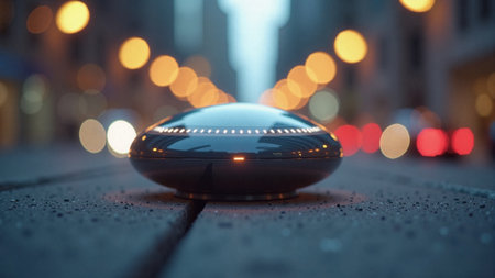 Smart city IoT sensor device with glowing LED status lightの素材