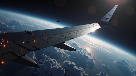 Satellite solar panel unfolding in earth orbit for communicationの素材