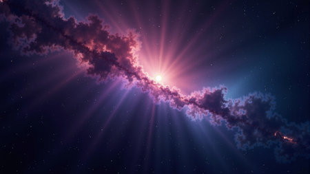 Dark nebula background with dramatic light rays and copy spaceの素材