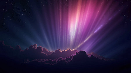 Dark nebula background with dramatic light rays and copy spaceの素材