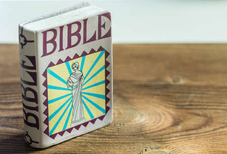 plastic bible toy book display on wood table