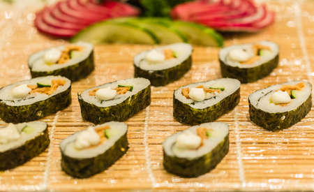 Seaweed rolls sushi display on the tray
