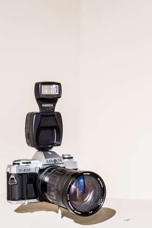 Singapore-21 JUL 2017:vintage camera and flash set display on white background