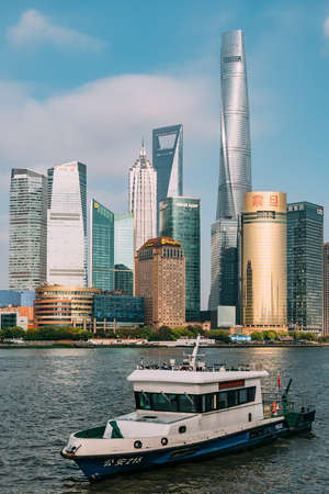 China,Shanghai-19 APR 2019: Shanghai skyline,landmarks of Shanghai with Huangpu river at sunrise/sunset in China.のeditorial素材