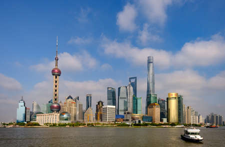 China,Shanghai-19 APR 2019:Shanghai skyline,landmarks of Shanghai with Huangpu river at...