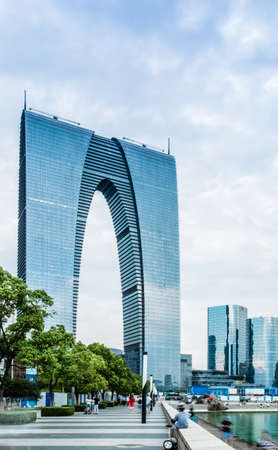 Suzhou, China- AUG 19 2017: The east gate of Suzhou new CBD landmark buildingのeditorial素材