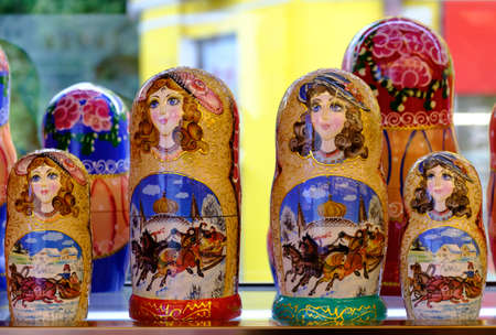 Colorful Russian dolls Matreshka. Wooden doll Matryoshka