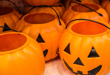 plastic Halloween festival pumpkin candy basket closeupの写真素材