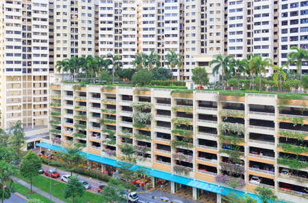 Singapore-05 MAY 2018:Singapore high density residential building and multi storey carpark with roof gardenの写真素材