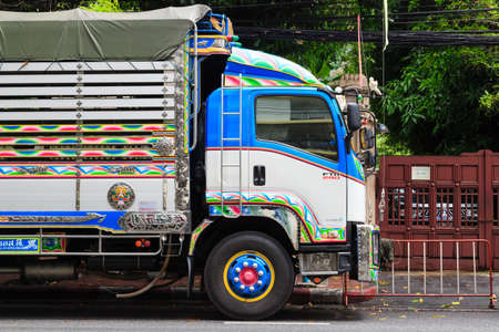 Bangkok,Thailand-31 MAR 2018: vintage style colorful paint truck parked on the streetの写真素材