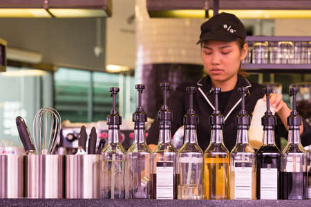 Bangkok, Thailand - 01 APR 2018: Barista Prepare drink on Working Order Conceptのeditorial素材