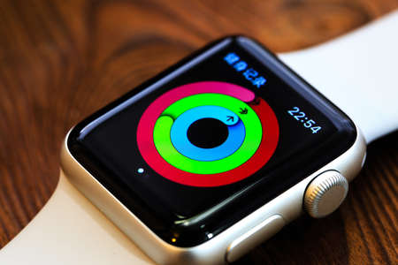Singapore-12 MAR 2018:Activity App on Apple Watch Macro view,the Chinese means fitness record