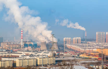 Hegang city,China-13 FEB 2018:China north area power factory aerial viewのeditorial素材
