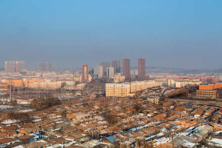 Hegang city, China - 03 FEB 2017: China north area small city aerial viewのeditorial素材