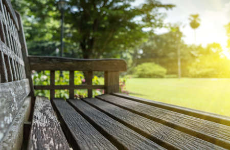 Empty Park wooden bench Closeup view. Wood exterior material. Wood material details.の写真素材