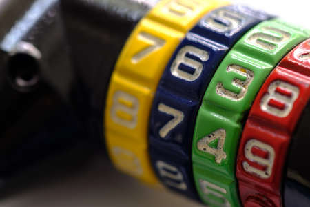 Closeup of rusty metal combination lock viewの写真素材