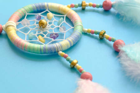 Close up of dream catchers on light blue backgroundの写真素材