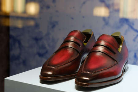 man vintage leather shoes display on shelfの写真素材