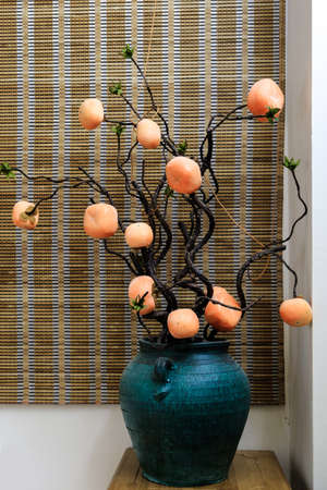 persimmon fruit on the tree in vintage potの写真素材