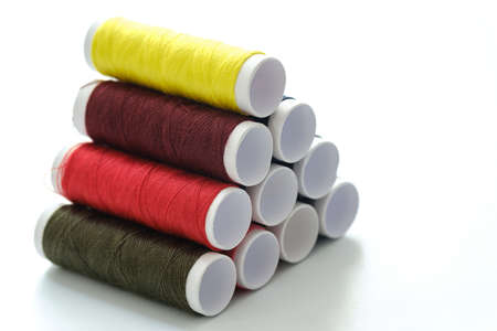 Close up macro view of colorful yarn reelsの写真素材