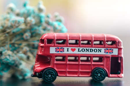 Red color London Bus metal Toy closeup viewの写真素材