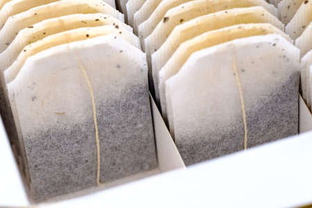 Teabag close-up macro view in tea packagingの写真素材