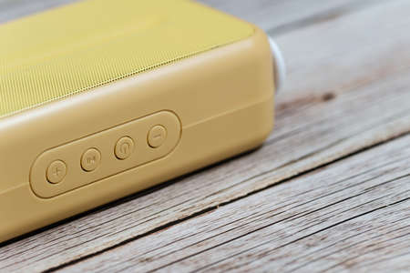 Stylish radio macro view on wood table backgroundの写真素材