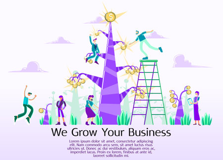 Business concept of vector illustration, Grow Money, Business Growing, Make money, Monetize with group. Peoples harvest a money from tree illustrationのイラスト素材