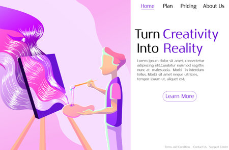 Creative concept, productivity ,art website landing page, Turn Creativity into Reality. Illustration a creative boy painting a galaxy in a canvas.のイラスト素材